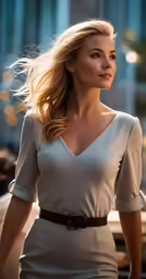 a beautiful blond woman standing next to a car