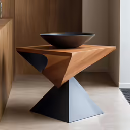a wooden table that has a black bowl on top