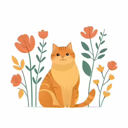 a cat sits among plants and flowers