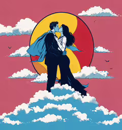 a woman kissing another mans in the clouds,an illustration of two people hugging each other in the clouds