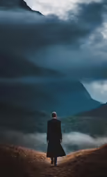 there is a man in a long coat standing on a hill looking at the clouds