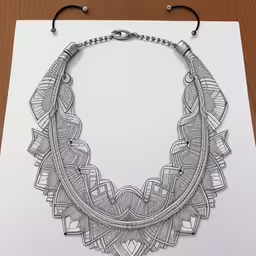 this intricately decorated necklace has an unique design,this item has a necklace made out of metal wires,a drawing of a necklace on top of a piece of paper,a necklace with a black ribbon around it,an ornate metal necklace is sitting on a card
