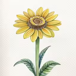 a painting of a flower is shown in this image,a large yellow flower with leaves on the petals