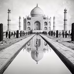 a monument with several columns and a dome reflected in water
