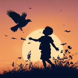 a young child feeding birds in front of a setting sun,a young child is playing with birds at sunset