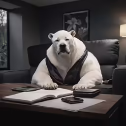 a polar bear is on his desk by himself