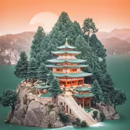 the pavilion is surrounded by many evergreen trees