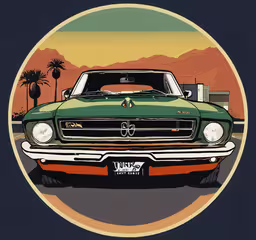 a car is in the middle of a poster with mountains in the background,a car on a circular colored background
