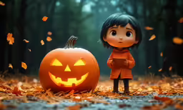 an animated figure standing next to a jack - o - lantern in leaves