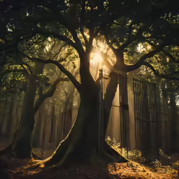 sun beams shining through the trees into the woods