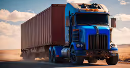 a large blue semi truck driving on a dirt road,a blue truck with two semi trailer trailers driving down the road
