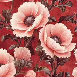 a close up of a number of pink flowers with leaves