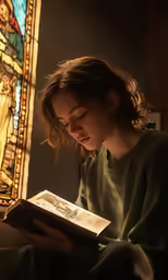 a girl reading a bible in front of a stained glass window