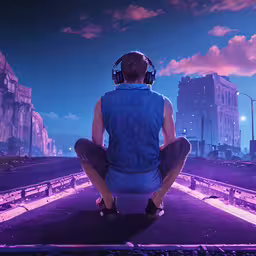 person with headphones sitting on the edge of a sidewalk,a man sitting on top of a skateboard on a city street