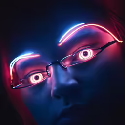 a woman with glowing glasses and eyes in the dark