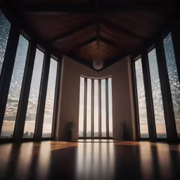 a room with multiple large windows and a circular wall in the center