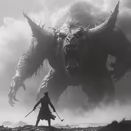 a giant monster like creature with two men, standing next to it