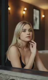 a woman in black dress leaning against table with glass