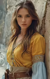 a beautiful woman standing against a stone wall
