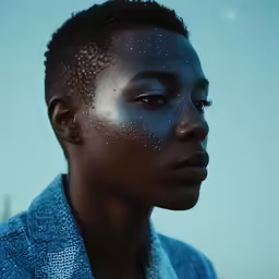 an afro woman with freckled skin and blue sweater