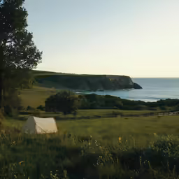 a tent in a field next to the ocean