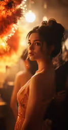 an attractive woman in an orange dress with fireworks behind her