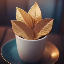 a teacup with some gold leaves in it