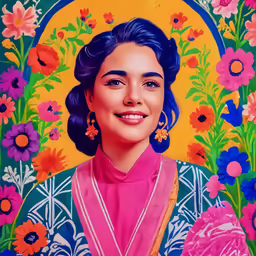 a woman with blue hair and blue eyes stands in front of floral paintings