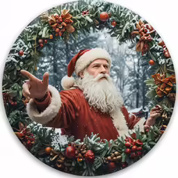 santa claus is making a wish as he makes a peace sign