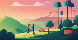 some people stand on a hill looking at the mountains,a colorful illustration of a couple walking in front of a lake