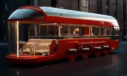 a model bus that is red and silver