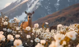 deer looking to camera in the middle of blooming field