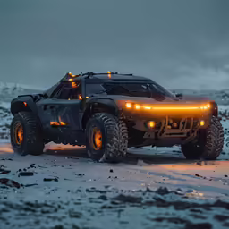 a modified truck with its lights on in the snow