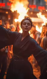 a woman dressed in black dancing by a fire