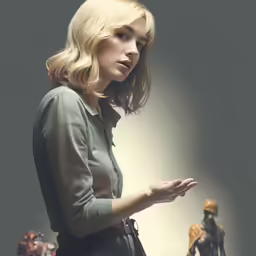 a woman holding something on her hand with the background behind it