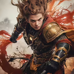 the woman with very thick hair wearing armor and wielding