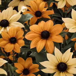 a group of different yellow flowers growing side by side