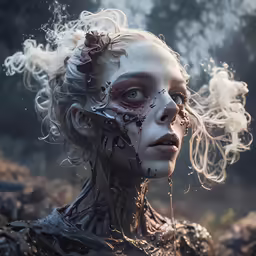 a woman with white makeup, flowers, and hair floating from her face