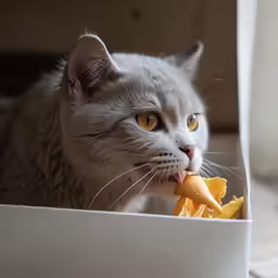 a cat taking a bite out of the top of a box