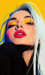 woman with bright makeup and white hair, holding hand on shoulder