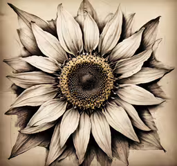 a drawing of a sunflower with leaves on the center,a drawing of a large flower on top of a table