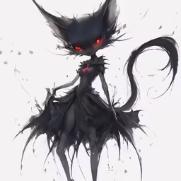 a black and white cat with red eyes and black hair