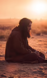 a person sits in the sand looking at a laptop