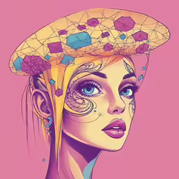 a woman in a pink hat with flowers on it