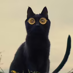 a black cat with gold colored eyeballs on its eyes