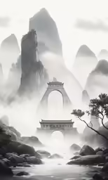 mountains, fog, and mist are reflected in the water