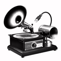 the turntable is sitting on a small stand with a megaphone