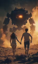 a couple of people are holding hands and running next to an robot
