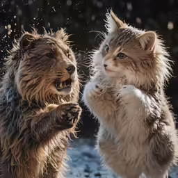 two cats standing together and making faces with one another