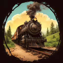 a painting of a locomotive pulling into an intersection with the engine blowing steam while a man and dog sit on top of it